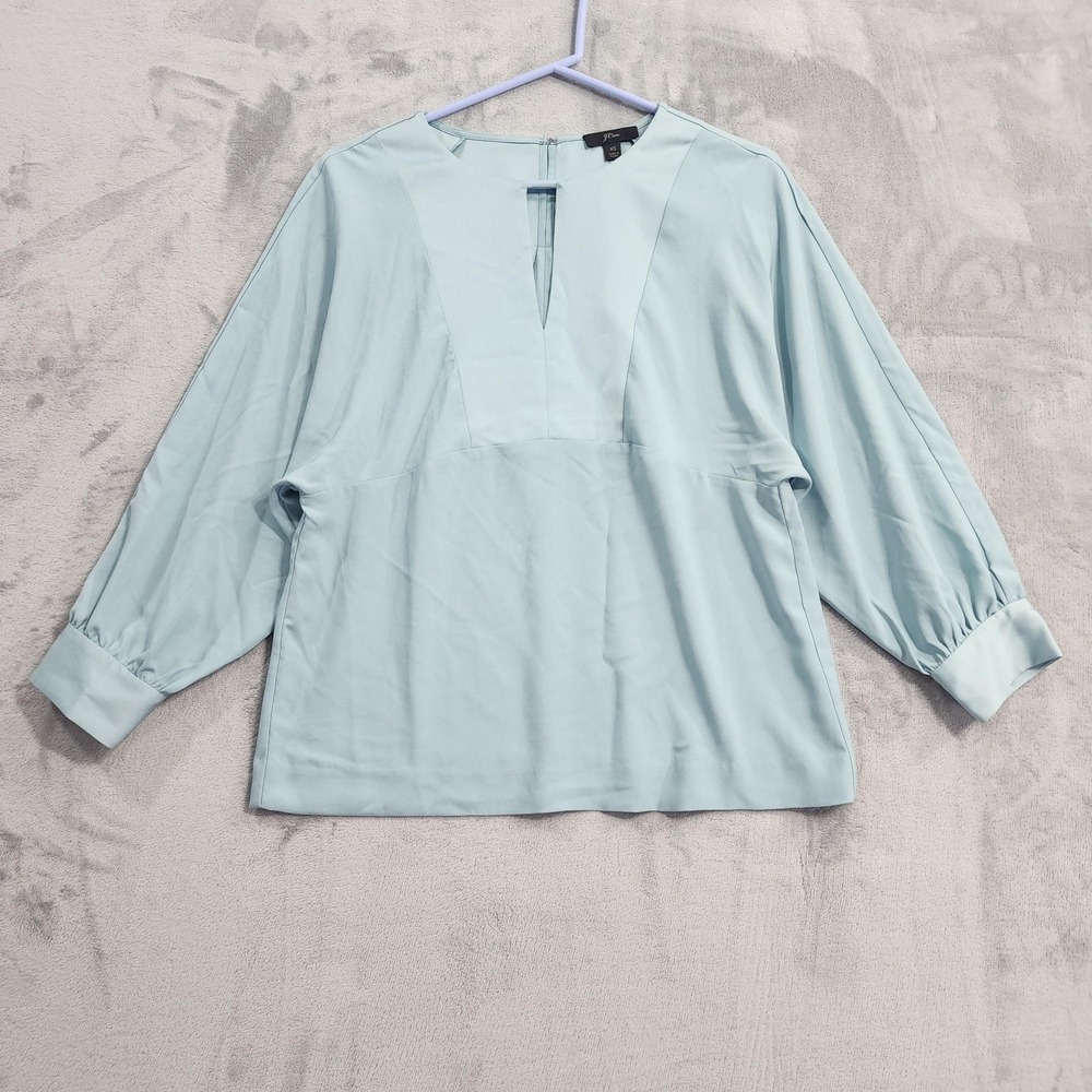 NEW J.Crew Top Womens XS Blue‎ Keyhole V-Neck Satin Backed Crepe Blouse Office